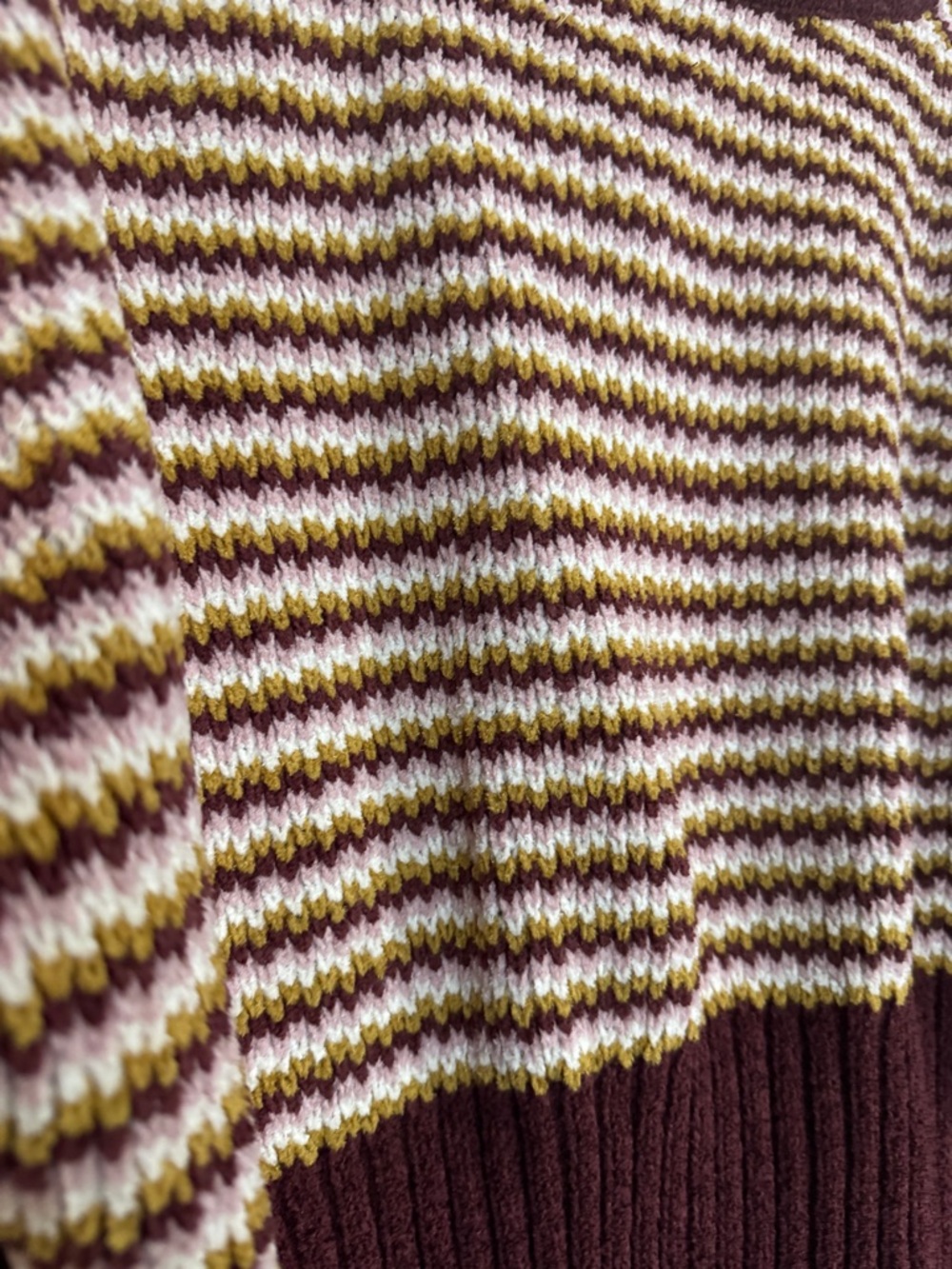 Pink Republic Striped V-Neck Sweater in Burgundy, Cream & Mustard cropped - Picture 5 of 7